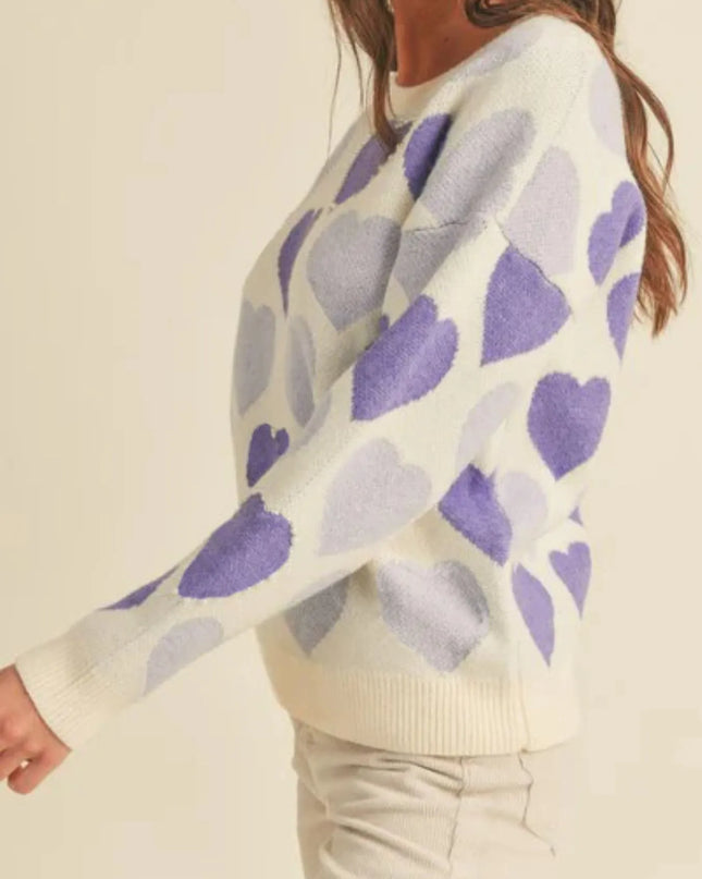 Heart Ribbed Hem Long Sleeve Sweater