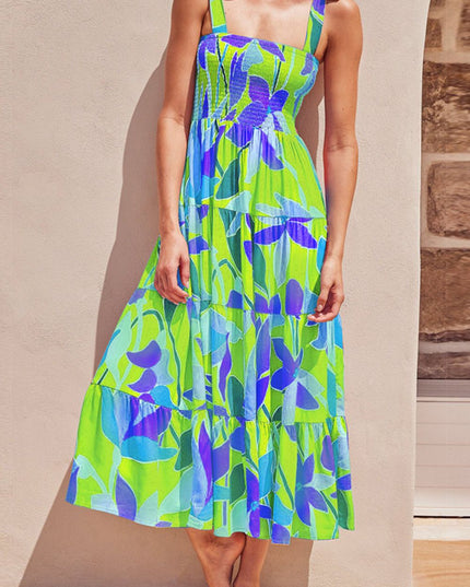 Floral Tie-Shoulder Smocked Midi Dress Green