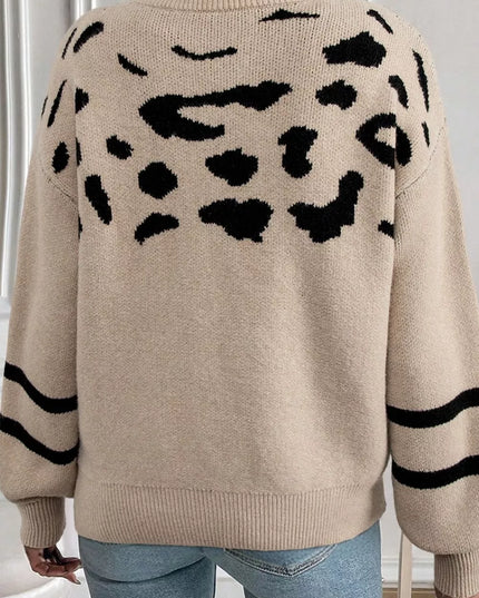 Leopard Round Neck Dropped Shoulder Sweater