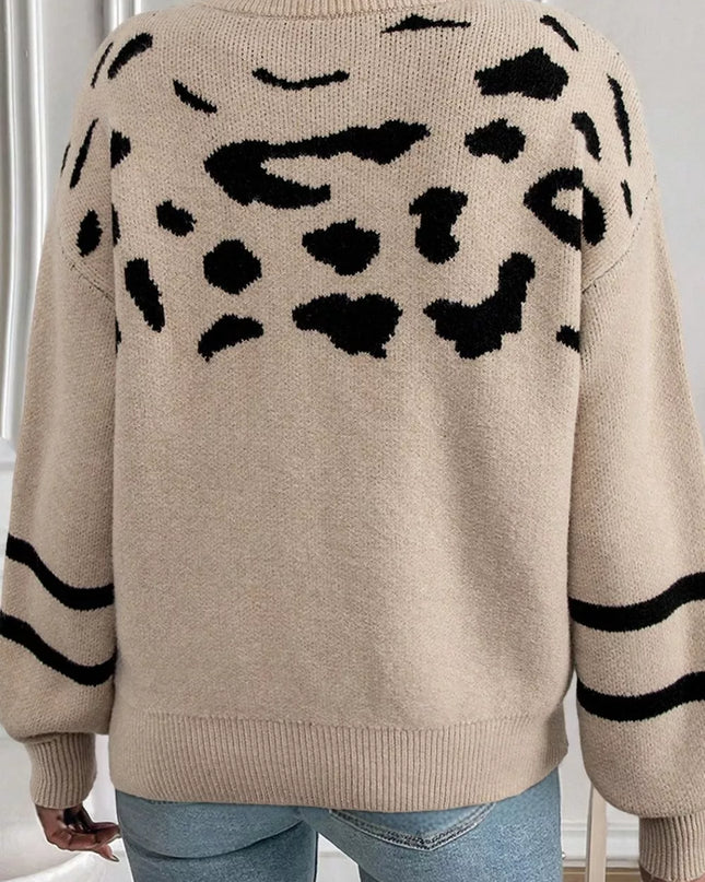Leopard Round Neck Dropped Shoulder Sweater