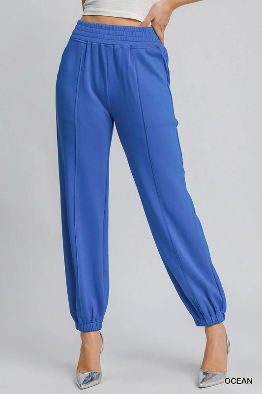 Umgee Drawstring Jogger Pants with Front Seam Detail OCEAN