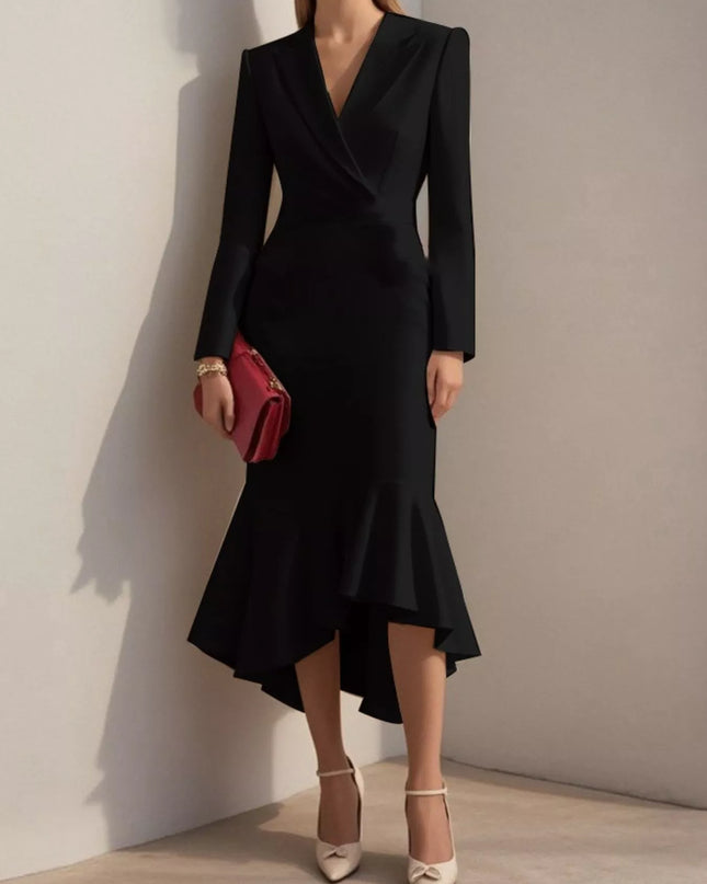 Ruffled Hem Long Sleeve Midi Blazer Dress Black