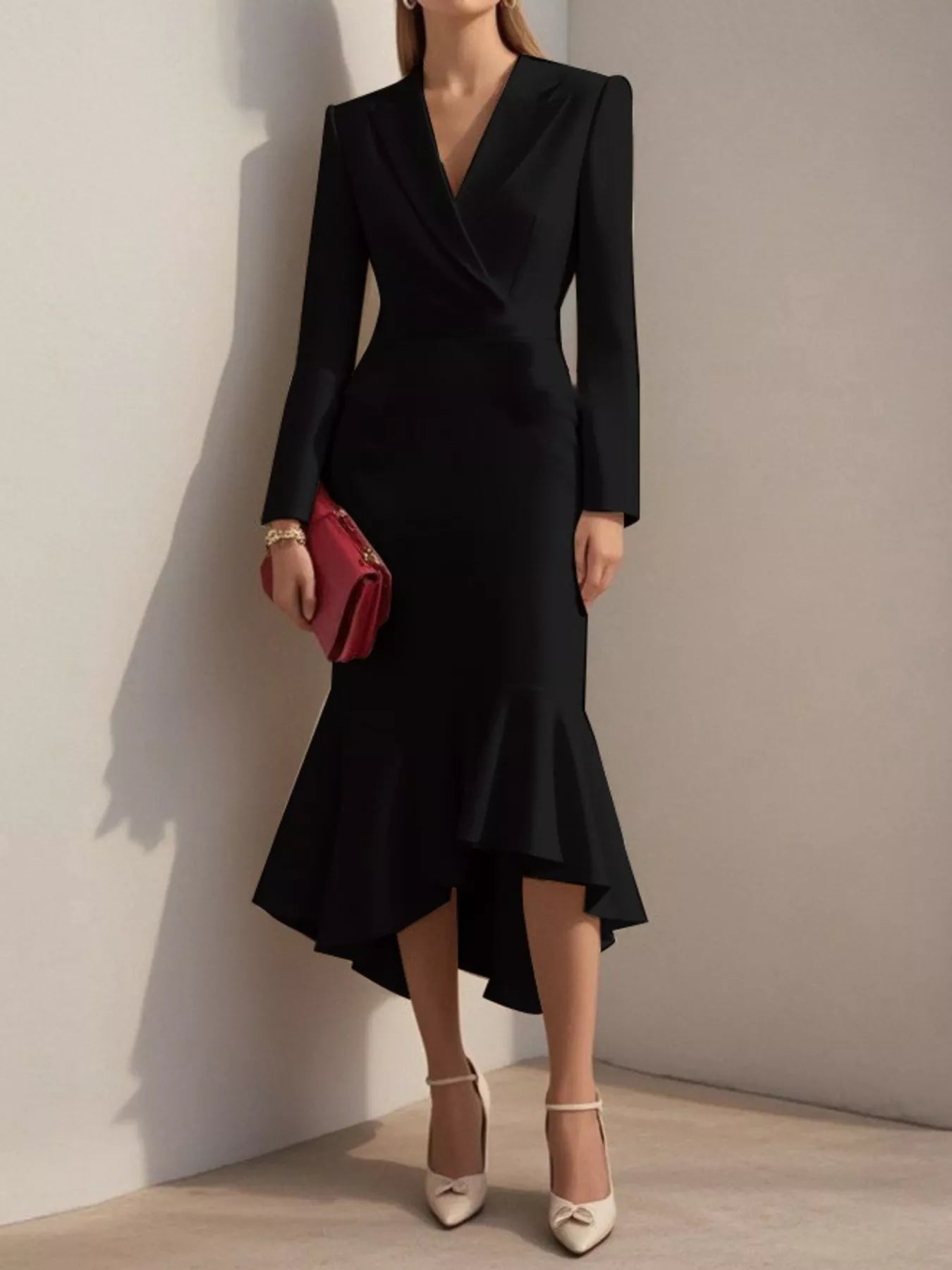 Ruffled Hem Long Sleeve Midi Blazer Dress Black