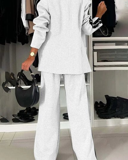 Full Size Contrast Lapel Collar Top and Pants Set