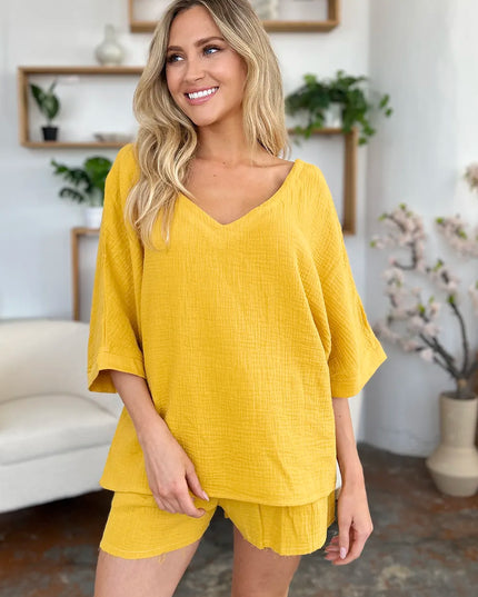 Double Take Texture Half Sleeve T-Shirt and Drawstring Shorts Set