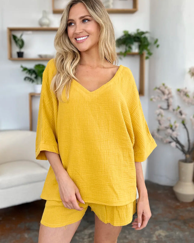 Double Take Texture Half Sleeve T-Shirt and Drawstring Shorts Set