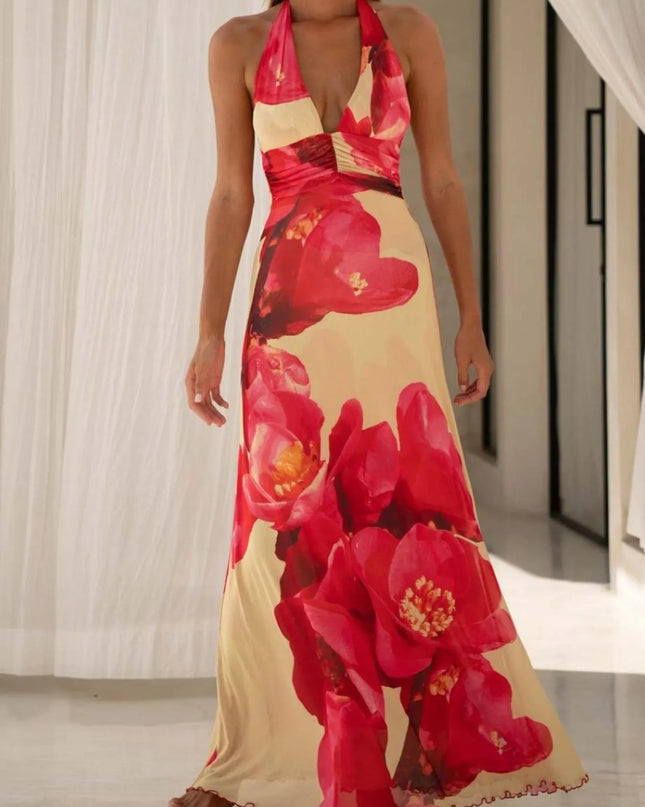 Floral Halter Neck Deep V Maxi Dress