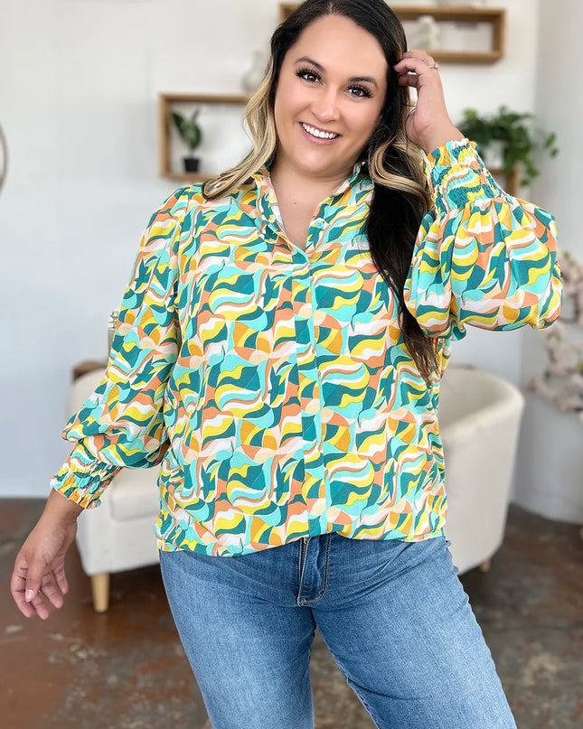 Double Take Full Size Printed Smocked Long Sleeve Blouse
