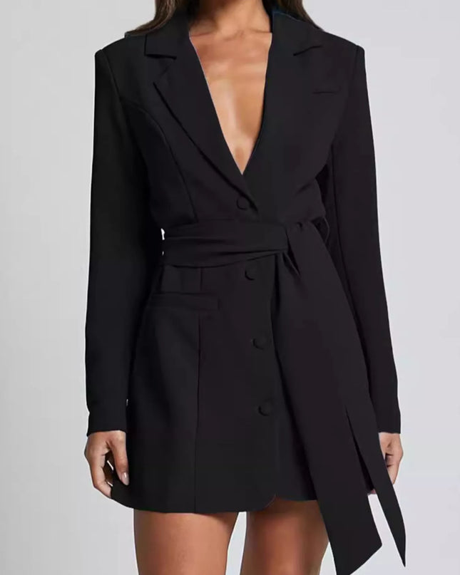Lapel Collar Tie Waist Blazer