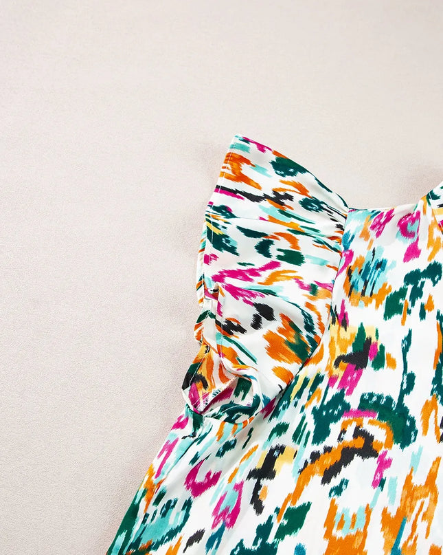 Abstract Print Ruffle Sleeve Blouse
