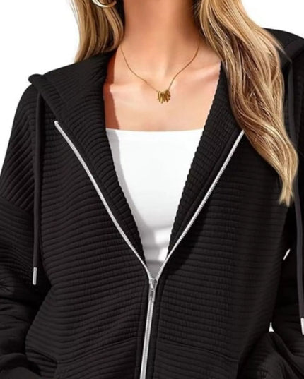 Drawstring Zip Up Dropped Shoulder Hoodie