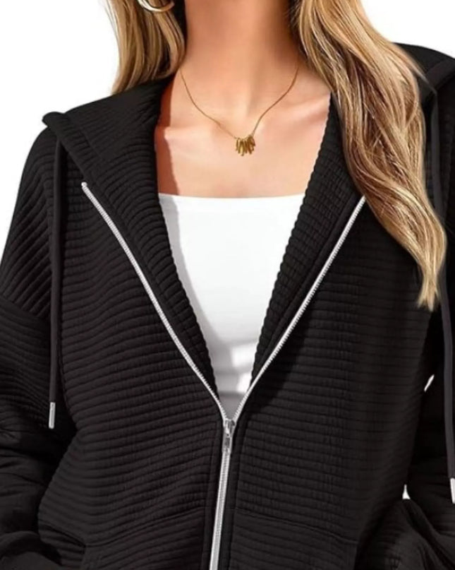 Drawstring Zip Up Dropped Shoulder Hoodie