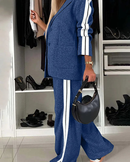 Full Size Contrast Lapel Collar Top and Pants Set