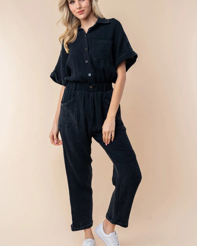 White Birch Texture Short Sleeve Jumpsuit