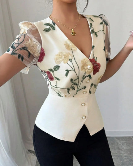 Floral Print V-Neck Button-Up Shirt