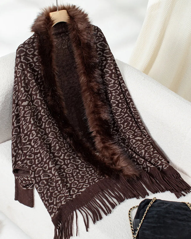 Fringe Leopard Open Front Long Sleeve Poncho Chocolate One Size