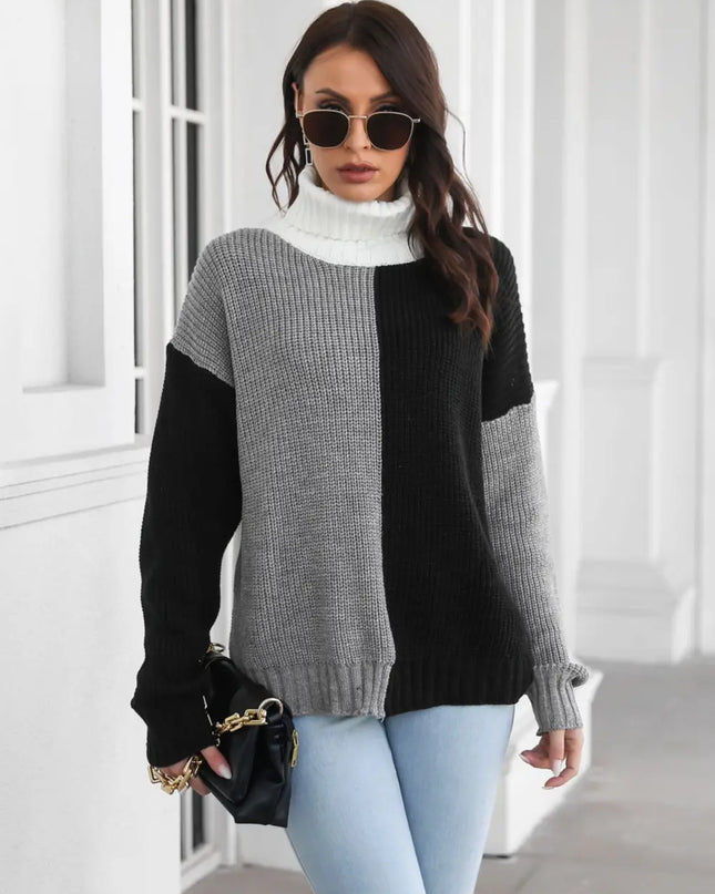 Contrast Turtleneck Long Sleeve Sweater