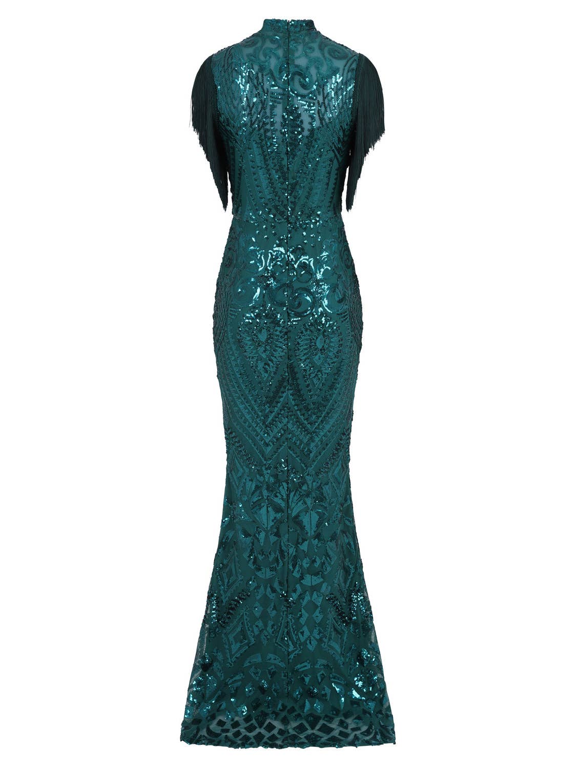Magic Vip Green Luxe Tassel Fringe Sequin Embellished Illusi.