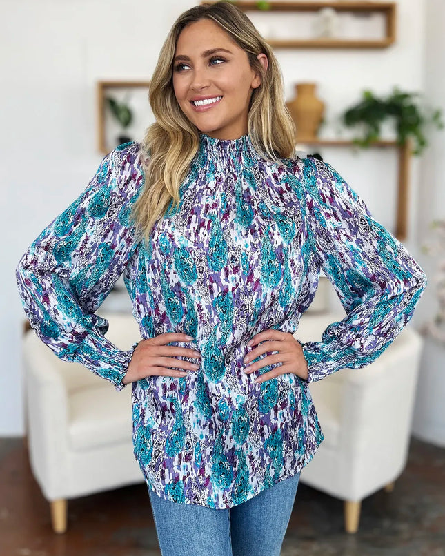 Double Take Full Size Printed Smocked Long Sleeve Blouse