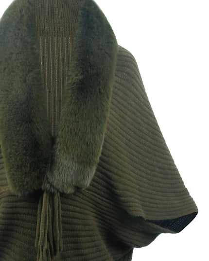 Fringe Detail Long Sleeve Ribbed Poncho