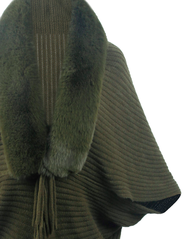 Fringe Detail Long Sleeve Ribbed Poncho