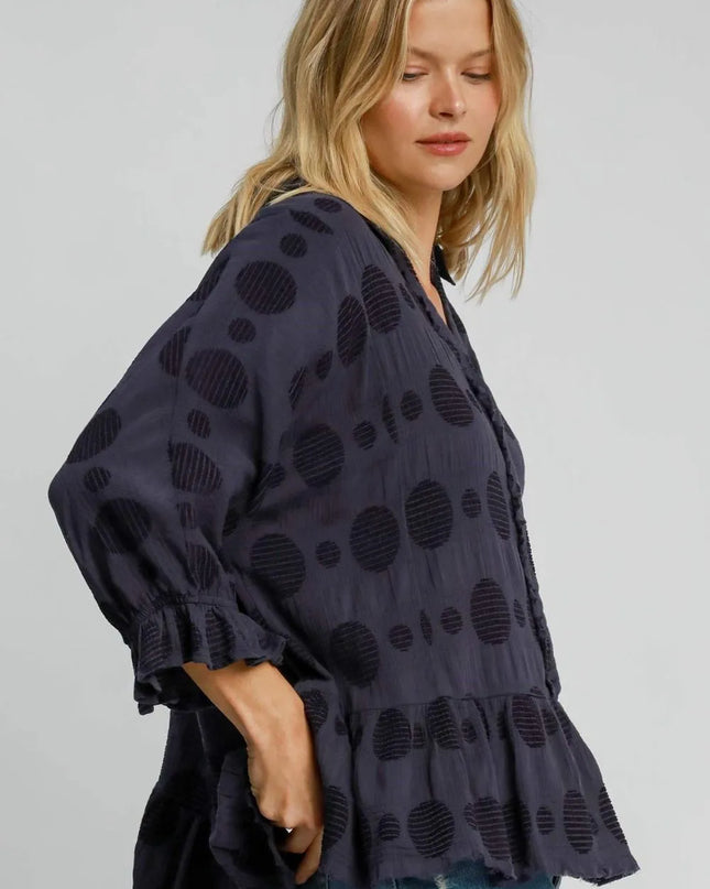 Umgee Full Size Swiss Dot Half Button Flounce Sleeve Blouse Plus Size