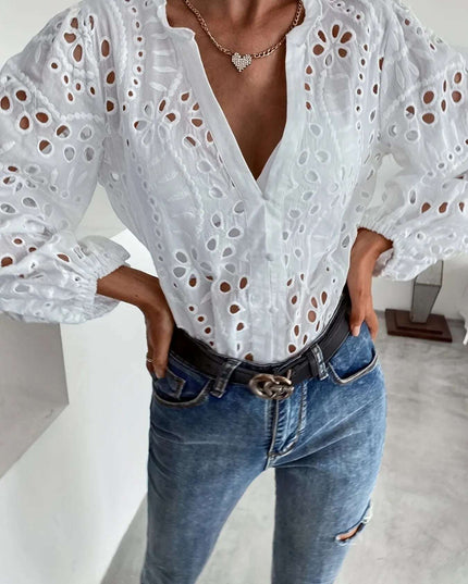 Eyelet Embroidered Button Front Shirt with Puffed Sleeves