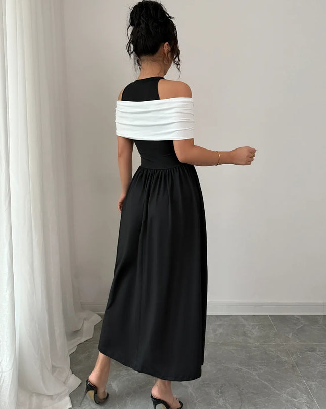 Twisted Contrast Cold Shoulder Midi Dress 