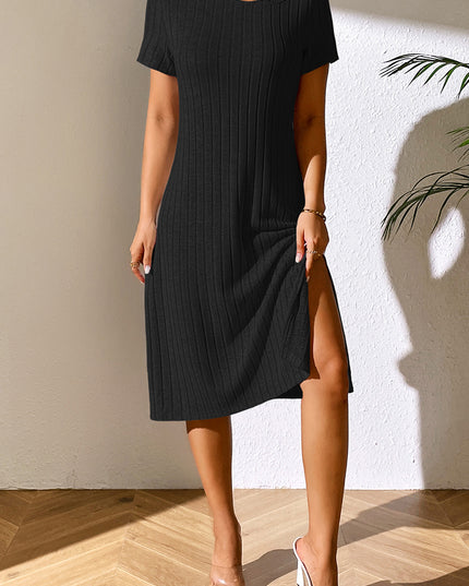 Ivy Lane Ribbed Asymmetrical Neck Short Sleeve Dress
