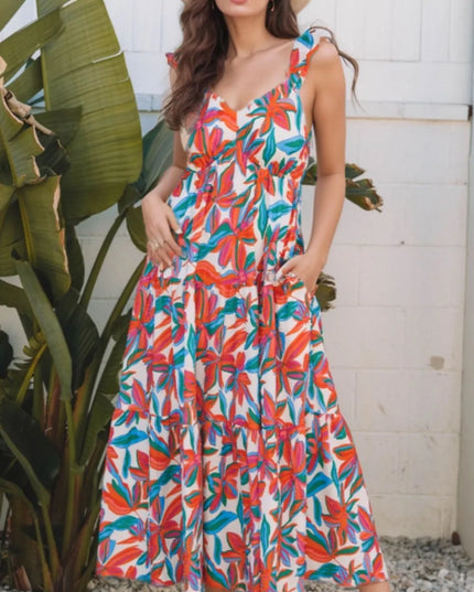 Floral Ruffled Strap V Neck Maxi Dress
