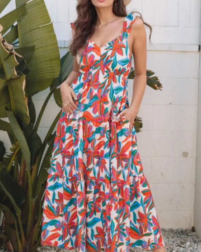 Floral Ruffled Strap V Neck Maxi Dress