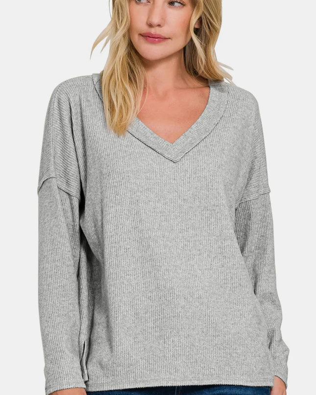 Zenana Full Size Ribbed V-Neck Drop Shoulder Top