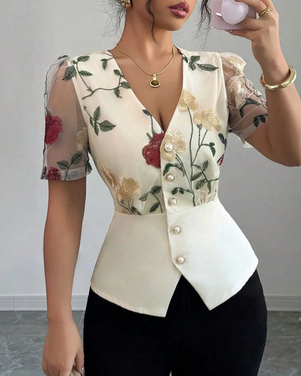 Floral Print V-Neck Button-Up Shirt