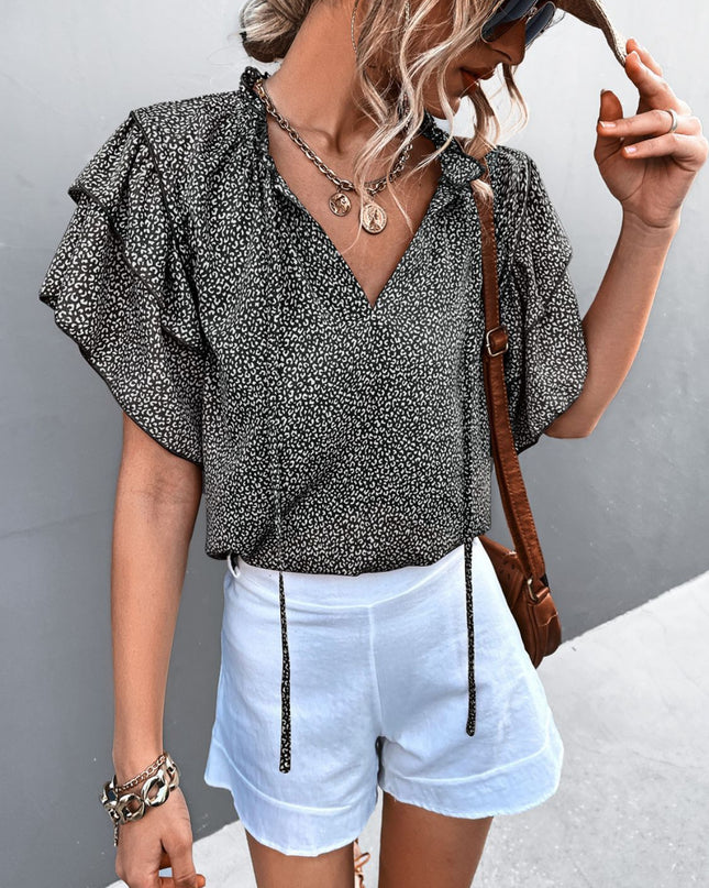 Printed Flutter Sleeve V-Neck Top Black