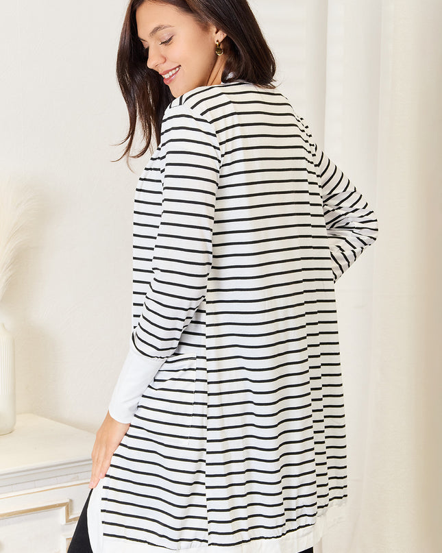 Double Take Striped Open Front Longline Cardigan