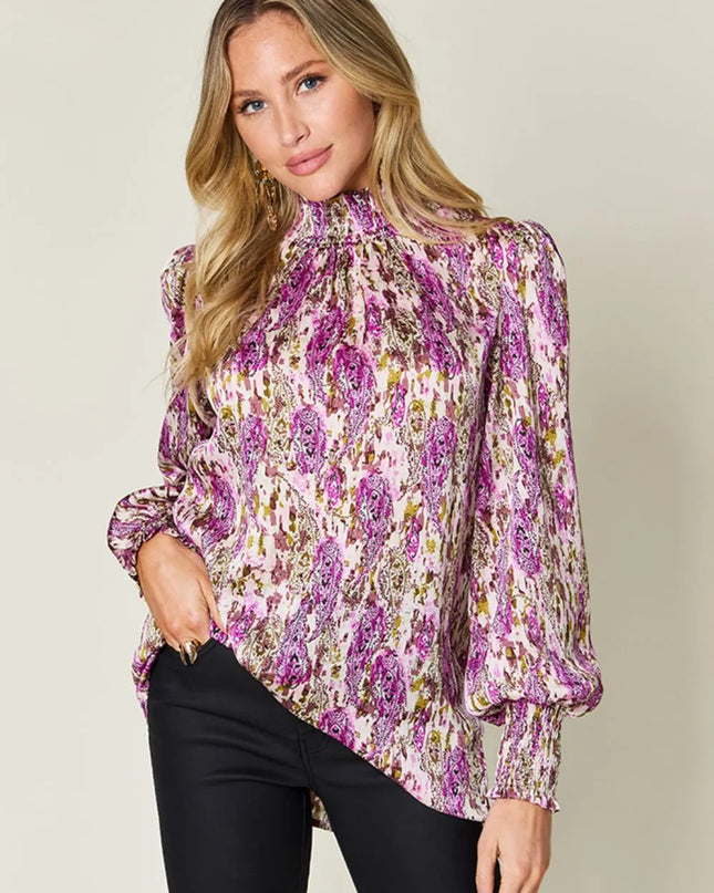 Double Take Full Size Printed Smocked Long Sleeve Blouse Red-Violet