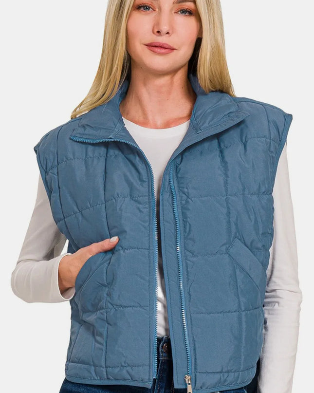 Zenana Zip Up Cropped Puffer Vest with Pockets Dusty Blue