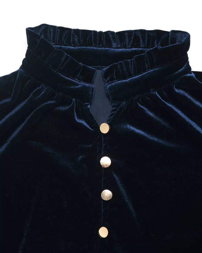 Velvet Button Front Long Sleeve Blouse