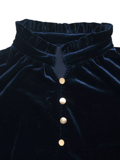 Velvet Button Front Long Sleeve Blouse