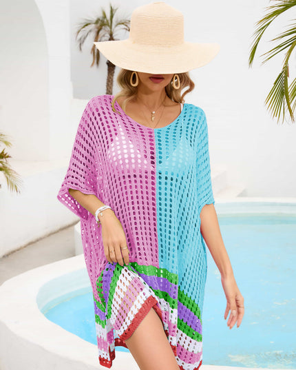 Contrast Scoop Neck Openwork Half Sleeve Cover Up