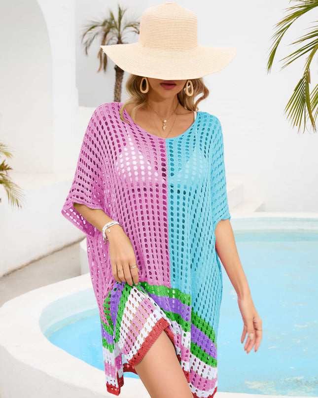 Contrast Scoop Neck Openwork Half Sleeve Cover Up