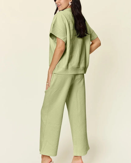 Double Take Full Size Texture Half Zip Short Sleeve Top and Pants Set