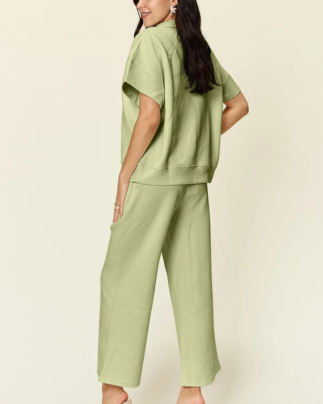Double Take Full Size Texture Half Zip Short Sleeve Top and Pants Set