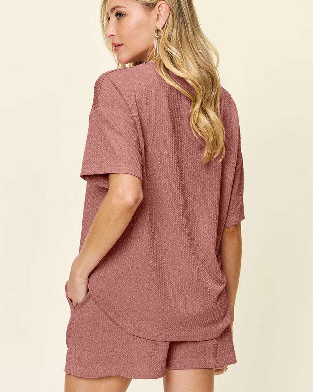 Double Take Full Size Round Neck Short Sleeve T-Shirt and Shorts Set