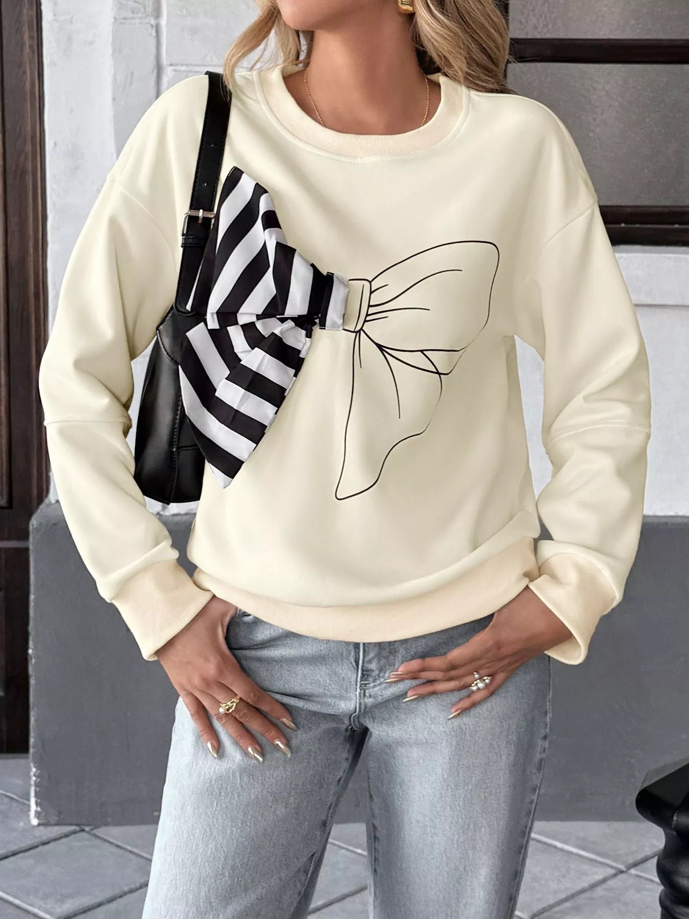 Bow Round Neck Dropped Shoulder Sweatshirt