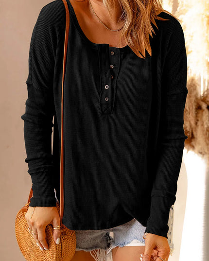 Double Take Full Size Half Button Drop Shoulder T-Shirt Black