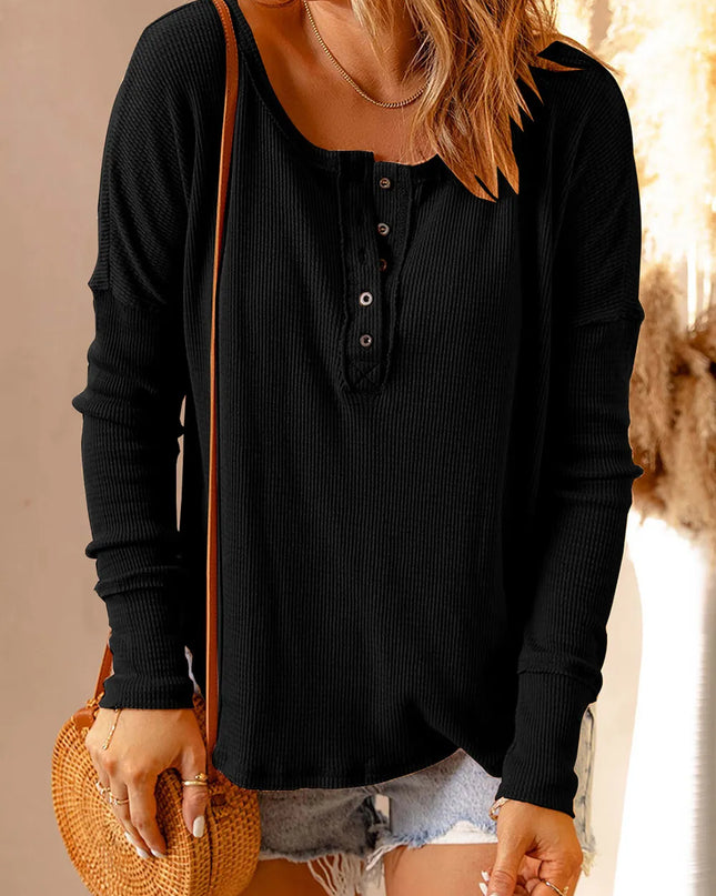 Double Take Full Size Half Button Drop Shoulder T-Shirt Black