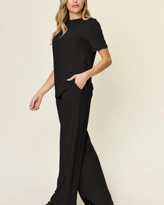 Double Take Full Size Round Neck Short Sleeve T-Shirt and Wide Leg Pants Set