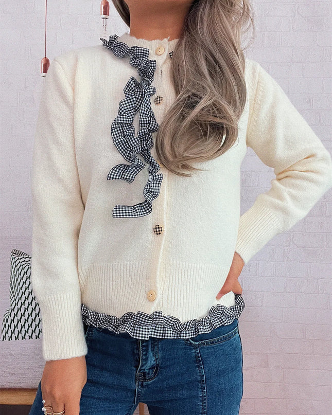 Ruffle Trim Gingham Cardigan