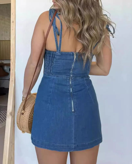 Full Size Slit Square Neck Denim Dress Plus Size